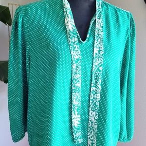 Vintage Diane Freis Original Green and White Balloon Sleeve Blouse